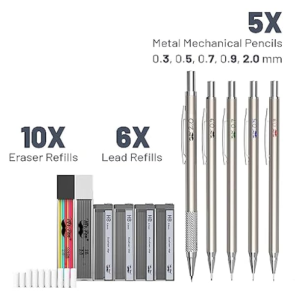Mr. Pen,Set di matite meccaniche in metallo con ricariche di piombo e gomma, 5 dimensioni, 0.3, 0.5, 0.7, 0.9, 2mm, disegno, schizzo, matite meccaniche da disegno, matite meccaniche in metallo